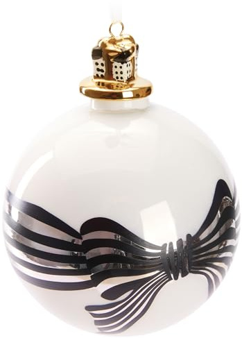 BRUBAKER Premium Weihnachtskugel Schleife mit Geschenk - Weiß, Schwarz und Gold - 10 cm Baumkugel aus Glas mit Geschenkbox Figur aus Porzellan - Weihnachtsbaumkugel - Weihnachtsdekoration