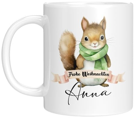 TassenTicker - Tasse zu Weihnachten - Weihnachtstasse - Personalisiert mit Namen - Kaffeetasse für jungen und Mädchen - Frohe Weihnachten - Weihnachts-Deko (Eichhörnchen)