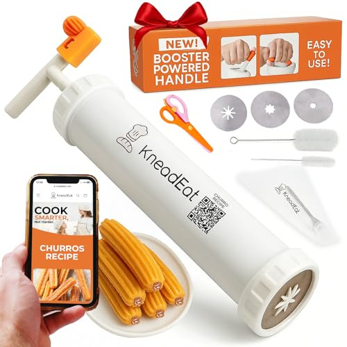 KneadEat Churro Maker - Churreera Kit mit Booster-betriebenem Griff - Spritzbeutel mit Füllnadel und QR-Rezept für gefüllte Churros zu Hause und Backprojekte mit Kindern - 3 Düsen