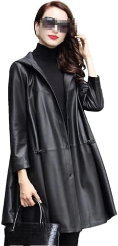 Lose Damen-Mantel Aus Schaffell Mit Kapuze, Große Lange Trench-Lederjacke