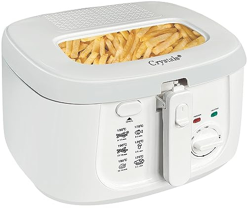 Crystals Electric 2.5L Deep Fryer, Deep Fat Fryer Countertop with Non-Stick Coating, Non-Stick Frying Pan Internal Mesh Basket with Safety Handle + Viewing Window - 1800 Watts (White)