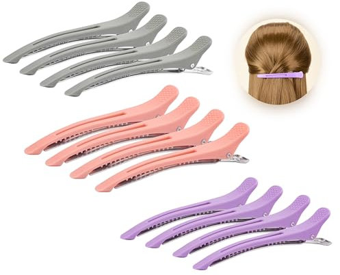 12 Stück Haarclips Haarklammer mit Silikonband Haarklammern Groß 3 Farben Rosa Violett Grau Haarspangen für Familien Salon Professionelle Friseur Zubehör