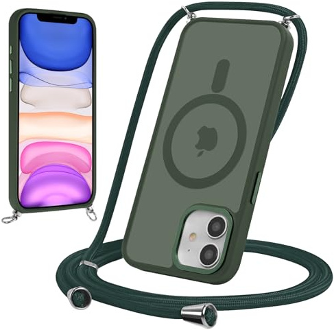 Yoedge Magnetische Handyband für iPhone 12/iPhone 12 Pro 6,1 Hülle mit Band,Handyhülle Kompatibel mit MagSafe, Transluzente PC + TPU Stoßfest Schutzhülle mit Abnehmbar Kordel zum Umhängen Case,Grün1