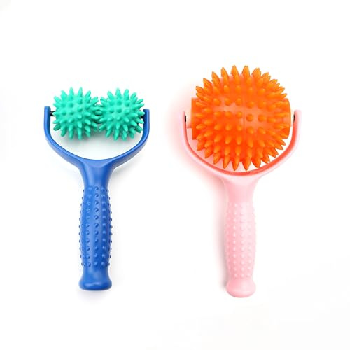Lot de 2 rouleaux de massage avec poignée, rouleaux d'auto-massage à picots pour détendre les muscles du corps (bleu, rose)