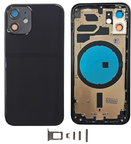 Smartex® Chassis Arriere en Verre + Coque + Tiroir SIM Compatible avec iPhone 12 Mini| sans Logo, sans Composants PRÉINSTALLÉS (Noir)