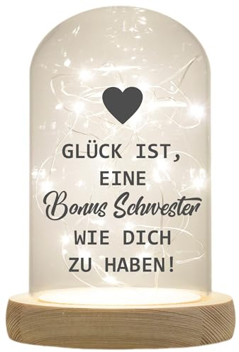 WB wohn trends LED-Glaskuppel, Glück ist eine Bonus-Schwester wie Dich zu haben, 16,5x11cm, Glasglocke mit LED-Licht und Holz-Fuß LED-Laterne LED-Lampe mit Text Spruch