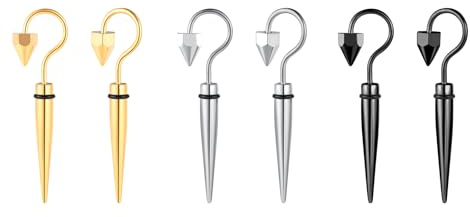 Yumilok 3 Paar Unisex Ohrringe Herren Edelstahl Schwarz Silber Gold Damen Ohrringe Set Haken Stecker Kegel Ohrstecker Punk Ohrhänger Regenschirm