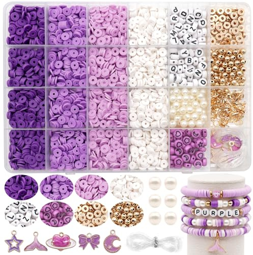 Dotilili 3164 stycken lila polymerlerpärlor set, 6 mm Heishi pärlor att trä på armband gör-det-själv set med bokstäver hängen pärlset för armband halsband örhängen smycken (lila)