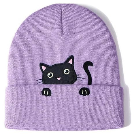 Kinretixia Lila Strickmütze mit Katzenmotiv, Niedliche Beanie für Frauen und Mädchen, Handgefertigte Wintermütze, Anime Mütze, Unisex Bestickte Winter Accessoires