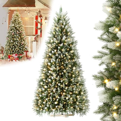 YRHome 225cm Künstlicher Weihnachtsbaum mit LED-Beleuchtung Warmweiß inkl. Holzständer Naturgetreuer Schneeeffekte mit PVC und PE Automatischer Christbaum für Festliche Dekoration Weihnachtsdeko
