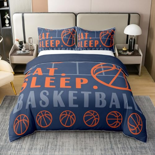 Parure de lit douce avec housse de couette 100 % coton pour enfants, adolescents et adultes, motif ballon de basket-ball, pour amateurs de sport, avec 2 taies d'oreiller