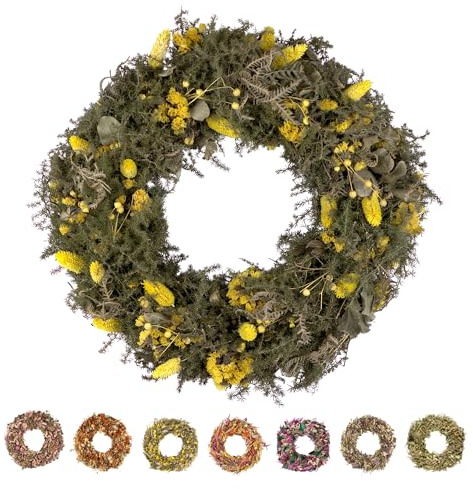 PHILARO Trockenblumenkranz All Seasons Ø 40cm grün-gelb - kein Plastik I Trockenblumen Premium Qualität aus Europa - Türkranz - Tischkranz - Wandkranz - Trockenblumenkranz