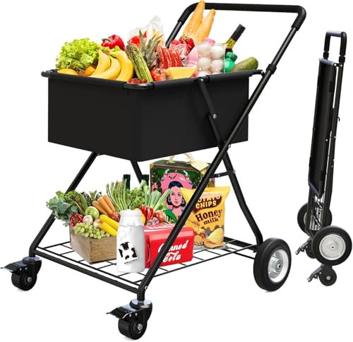 Einkaufstrolley klappbar mit Rädern, Klappbarer Warenkorb für Lebensmittel, Waterpoof Lebensmittel Warenkorb Liner, Rollwagen Allzweckwagen für Wäsche Einkaufen Gepäck (Schwarz)