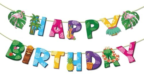 2 Stück Hawaii Deko Girlande,Happy Brithday Banner,Dschungel Deko Geburtstag,Hawaii Party Deko,Blumen Flamingo Ananas Geburtstag Girlande Deko,für Sommer Tropical Dschungel Beach Birthday Gartenparty
