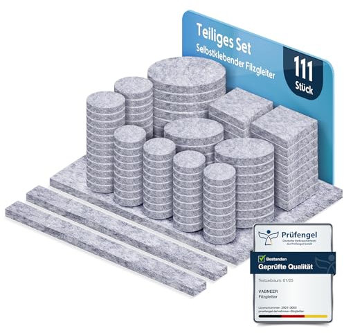VABNEER ​​Feltrini sedie autoadesivi - 111 pezzi EXTRA RESISTENTI da 5mm per proteggere pavimenti e mobili - Rotondi/quadrati, ammortizzatori premium antirumore e antigraffio​ (grigio)