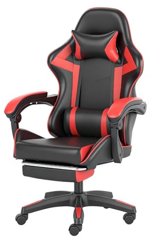 ADOV Silla Gaming con Reposapiés y Cojín Lumbar, Silla Gamer Ergonómica Reclinable 90°-140° con Reposacabezas para Adultos, Silla Escritorio con Altura Ajustable y Ruedas 360°, Cuero PU (Negro/Rojo)