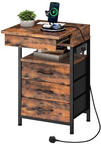 HOOBRO Bedside Table with Charging Station, Side Table with 4 Drawers, 2 AC Outlets, 1 USB-A, 1 Type-C, Nightstand for Bedroom, Living Room, Rustic Brown and Black EBF143KBZ01
