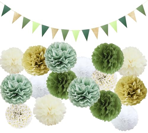 TYXHXTF 16 Pezzi Verde Salvia Fiori di Carta Pompon Decorativi, PomPon di Carte Velina, Decorazioni per Feste, Fiori di Carta, Decorazione da Tavolo, Decorativi per Festes, per Festes in Giardino