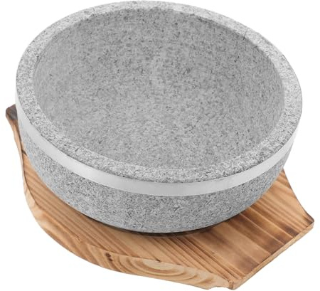ROMISBABA Ciotola Coreana Dolsot per Bibimbap 800 Ml in Pietra Naturale senza Rivestimento con Base in Legno, Resistente Alte Temperature, per Cucina Domestica e Zuppa Coreana