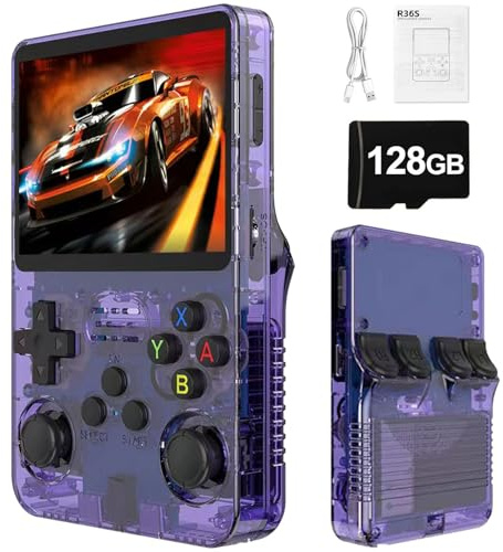 R36S Consola De Juegos Portátil-20000 Juegos Clásicos De 2500mAh, Pantalla HD De 3,5 Pulgadas, Mini Consola De Juegos Portátil para Adolescentes Y Adultos-Purple||128G