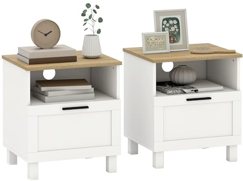 HOMCOM Juego de 2 Mesitas de Noche Modernas, Mesillas de Noche con Cajón, Compartimento Abierto, Patas de Madera, Mesa Auxiliar para Salón, Dormitorio, 45x38x50 cm, Blanco
