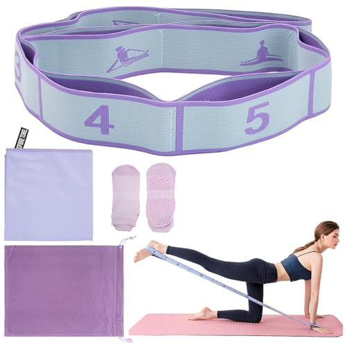 Nureeca Yoga Strap Set with Resistance Band, Towel & Non-Slip Socks, 8-Level Adjustable 90cm Fitness Belt for Stretching, Pilates, Workout and Dance, Complete Portable Accessories Kit (purple)