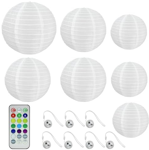 Hopelit Lampenschirm Hängelampe Weiß 7er Set, LED Lampions Batterie 1x Ø30cm 3x Ø25cm 3x Ø20cm, Nylon Lampion mit Bunt Unterwasserlicht Fernbedienung Timer, Laternen für Ramadan Hochzeit Balkon