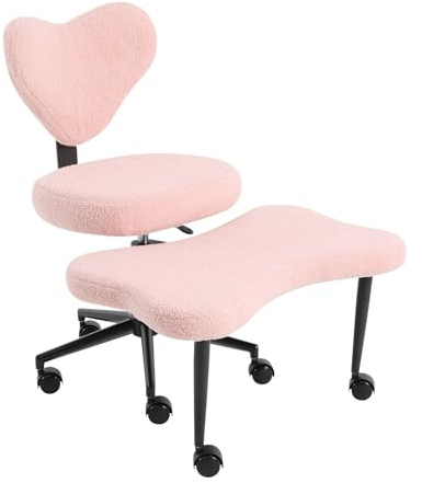 PansyWind Ergonomischer Meditationsstuhl Kniestuhl mit höhenverstellbarem Sitz und Herzförmiger Rückenlehne Bürostuhl mit 360° Drehbare Rollen (Rosa)
