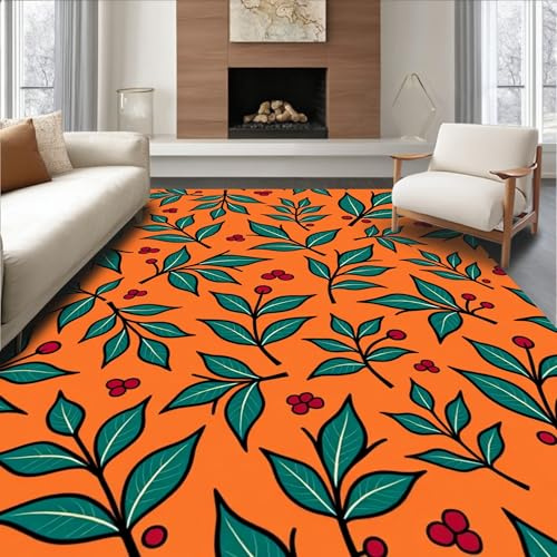 Low Pile Flatwoven Area Rug 4x6, Holly Berry Latch Hook Cushion Kit Botanical Leaf Design, Machine Washable, Stain Resistant Indoor Rug for Living Room, Bedroom, Non Slip(Orange, 4x6)