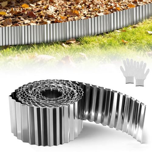 Professional Galvanised Steel Lawn Edging 10m (393.7in) x 15cm (6in), Corrugated Metal Garden & Flower Bed Border, Rust-Proof, Durable Mowing Strip for Modern Landscaping Silver