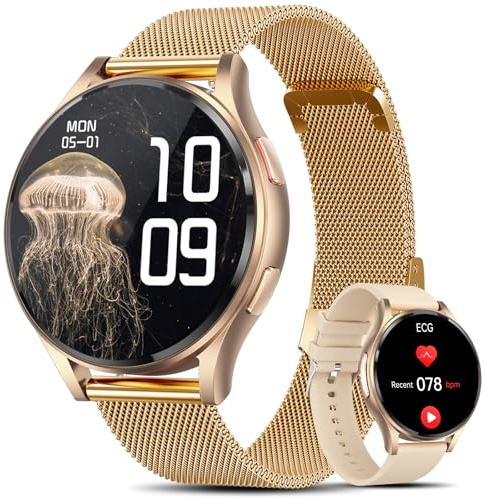 Lgnitek Smartwatch Damen mit EKG+HRV/Blutdruck/BMI/Harnsäure, Rund 1,43 AMOLED Gesundheitsuhr mit Telefonfunktion, 24H Pulsuhr Schlafmonitor Menstruationszyklus Fitness Tracker iOS Android