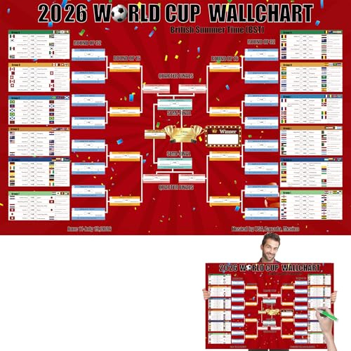 Moorlan World Cup Wall Chart 2026 – Extra Large 100 x 70cm World Cup Football 2026 Schedule Poster, Premium Thick Vinyl Wall Chart for Home Office Bar Club Party Decorations, Gift for Football Fans