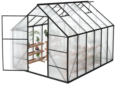YUENFONG Gewächshaus Aluminium mit Fundament 8×10FT, Gartengewächshäuser mit Schiebetür und Dachfenster, 4mm PC-Hohlkammerplatten Treibhaus Pflanzenhaus, 310×250×205cm