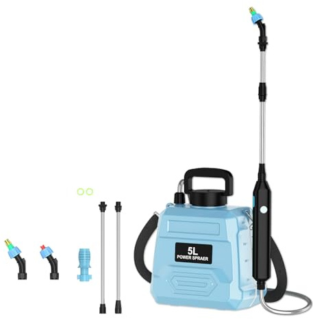 Elektrisches Drucksprühgerät, 5 l, Gartensprüher mit Akku, 1800 mAh, 2 Geschwindigkeitsstufen & Teleskopstange, automatisches Sprühgerät für Unkrautbekämpfung, Rasen, Außenpflege (blau)