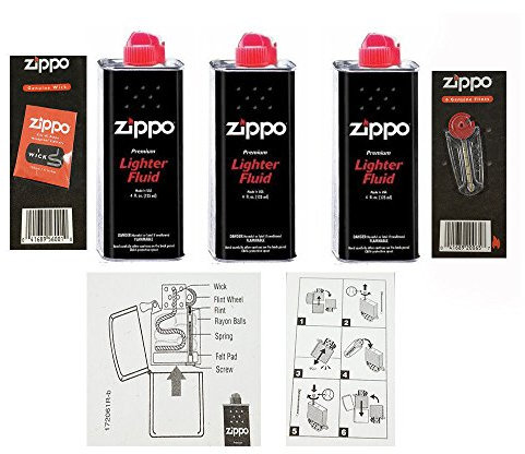 3 X Zippo Lighter Fluid Fuel Petrol 125ml Tin + Wick + 6 Flints