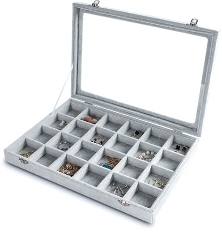 Frebeauty Ohrring Organizer mit 24 Fächern, Samt Schmucktablett mit Deckel | Schubladen Schmuckorganizer Für Ringe, Ohrstecker Und Broschen, Verstellbare Trennwände, Staubgeschützt, Ohrringaufbewahrung