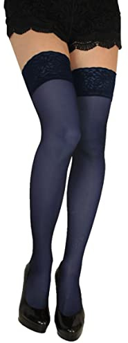 JUST BEAUTY TOUCH 20 Denier Thigh High Hold-Ups – Double Silicone Band for Secure Fit – Available in 3 Sizes & Multiple Colours (M/L, NavyBlue)