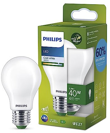 Philips LED Classic ultraeffiziente E27 Lampe, mit Energieeffizienzklasse A, ersetzt 40W, matt, kaltweiß, Weiß