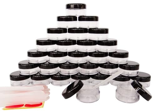 Wopanxye 30Pack 10 Gram Small Cosmetic Sample Jars, 10ml Empty Container Jars for Makeup Gifts, Eye-Shadow Nails Lip Gloss Balm Powder Jewelry Cream, Travel Pot with Black Lids + Dispensing Spatulas