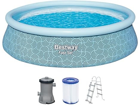 Bestway Fast Set piscina con pompa filtro, Ø 457 x 107 cm, 12,362 litri, design a linea grafica, materiale TriTech, pompa filtro, scala di sicurezza, toppe di riparazione, colore blu