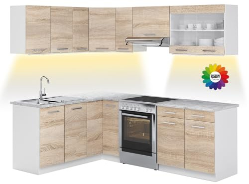 Vicco Eckküche Rick, Sonoma/Weiß, 227 x 167 cm | AP Marmor mit LED-Leisten, mit variabel anpassbaren Modulen und höhenverstellbaren Füßen