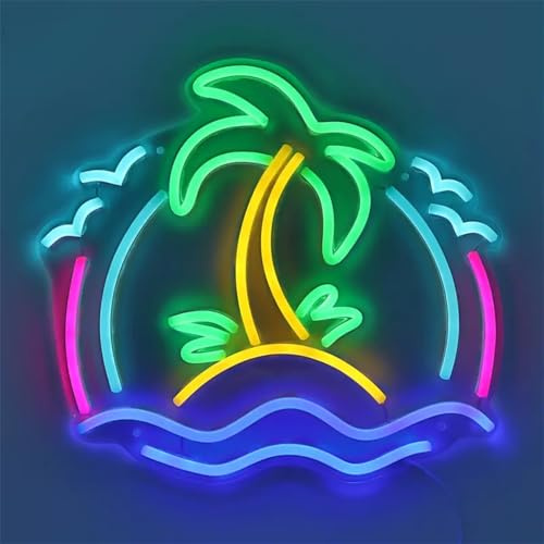Panneau néon LED avec scène de cocotier et de plage, décoration murale alimentée par USB pour fêtes, bière, bars, cafés, mer, plage, paysage naturel, lumière néon, boisson froide, thé au lait