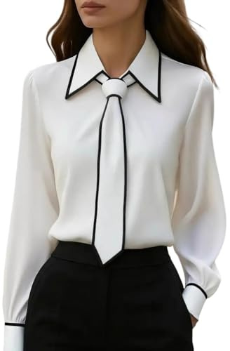 Camicetta alla Moda da Donna con Colletto, Maniche Lunghe e Nodo al Collo, Camicie Casual da Lavoro Larghe, Pullover Casual con Spalle Scoperte (White,M)