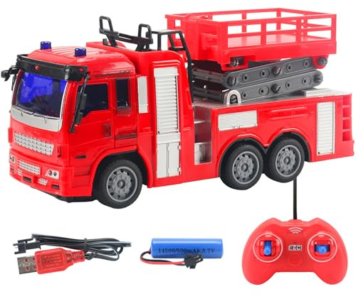 WOHPNLE Camion de Pompier télécommandé, lumières LED, Voiture Jouet RC avec échelle rotative à 360°, modèle de véhicules d'ingénierie pour Enfants, Cadeaux d'anniversaire et Jeux (Camion de Pompier