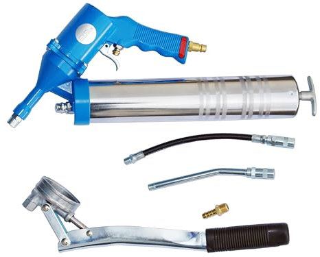 Güde Druckluft-Fettpressen-Set (für DIN-Fettkartuschen oder Direktbefüllung, Arbeitsdruck 2-8 bar, Pressdruck 100-400 bar, Flex-Düsenschlauch, abgewinkeltes Düsenrohr mit Mundstück, Handhebel)