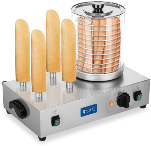 Royal Catering Máquina de Perritos Calientes Profesional RCHW 2300 (4 Pinchos, 1100 W, Temperatura 0-95 °C, Altura del Cilindro 24 cm, Ø 20 cm)