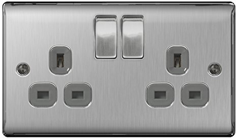 BG Nexus Metal 2 Gang 13A Switched Socket Brushed Steel (Grey Inserts)