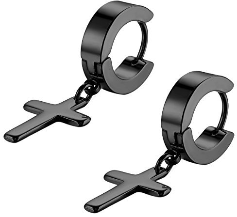 Flongo Acier Inoxydable Boucle d'Oreilles Clou d'Oreille Noir Ronde Croix Pendentif Rétro pour Homme Femme Cadeau Anniversaire
