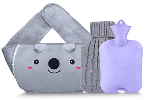 Hot Water Bottle with 2 Pack Waist Cover, Warm Water Bag Rubber Winter Hot Water Pouch with Soft Plush Hand Waist Warmer Cover Hot Water Bag Baby Product (Grey with Cover)