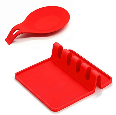 Silicone Utensil Rest with Drip Pad for Multiple Utensils, Large Spoon Holder Rest for Ladle, Spatula, Tongs, Fork - Set of 2 - Both in Red